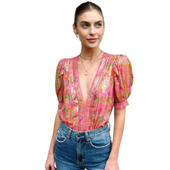 Hemant & Nandita Bela Bodysuit in Metallic Pink Floral Size Small - Picture 1 of 10